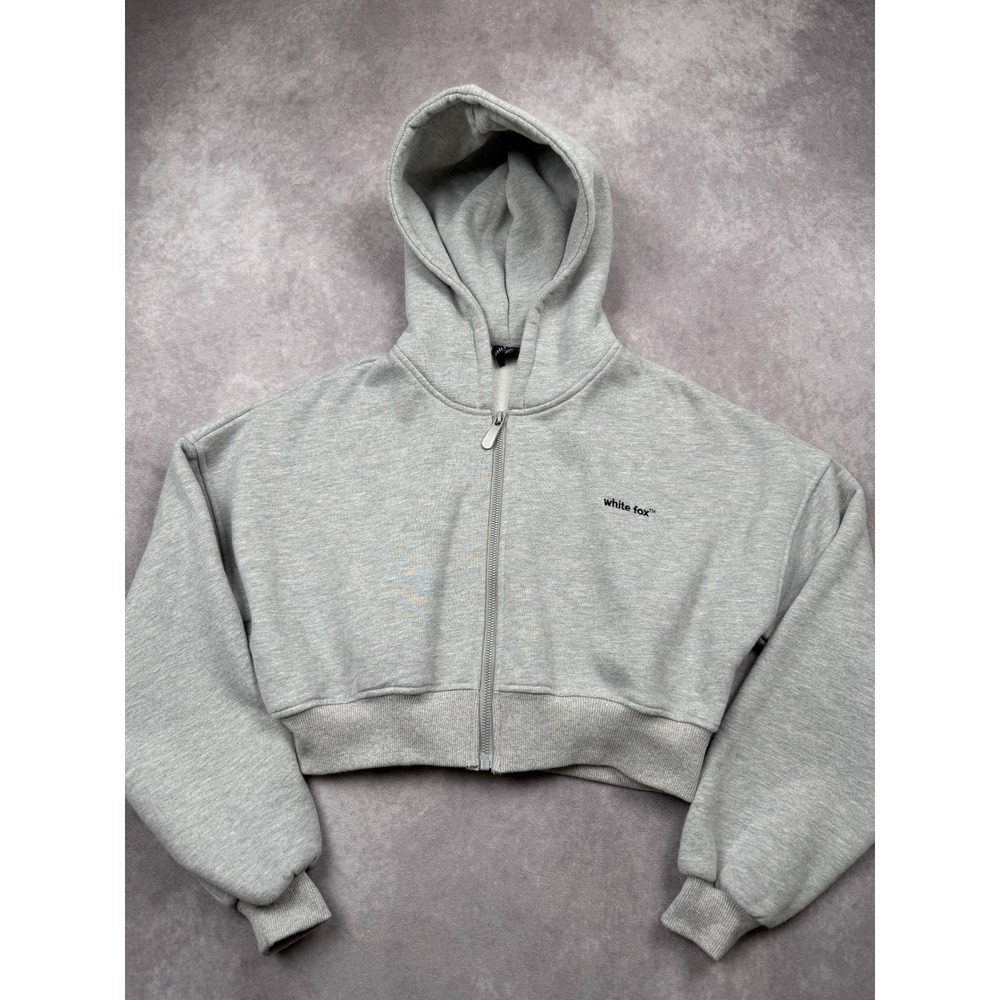 White Fox Women XS/S  Cropped Zip Up Hoodie Sweatshirt Logo Heather Gray Casual